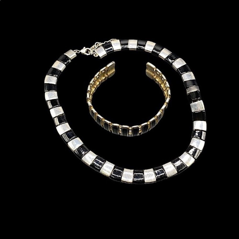 Napier silver black collar necklace with adjustable cuff bracelet silver black